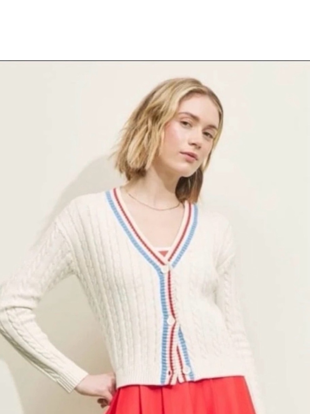 Prince Cream Cable-Knit Cardigan with Blue & Red Trim
